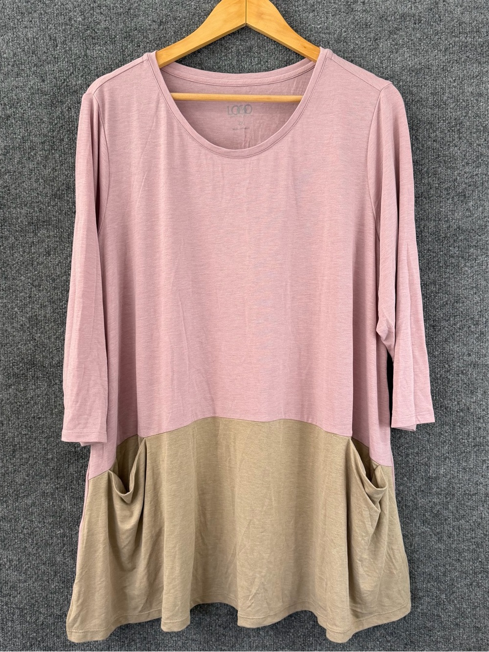 Logo Lori Goldstein Womens 2X Tunic Top Pink Tan 3/4 Sleeve Pockets Casual Flowy
